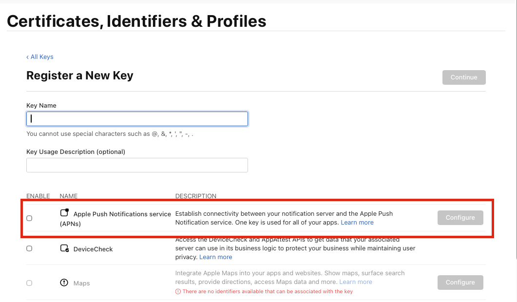 Register a New Key com o APNs marcado